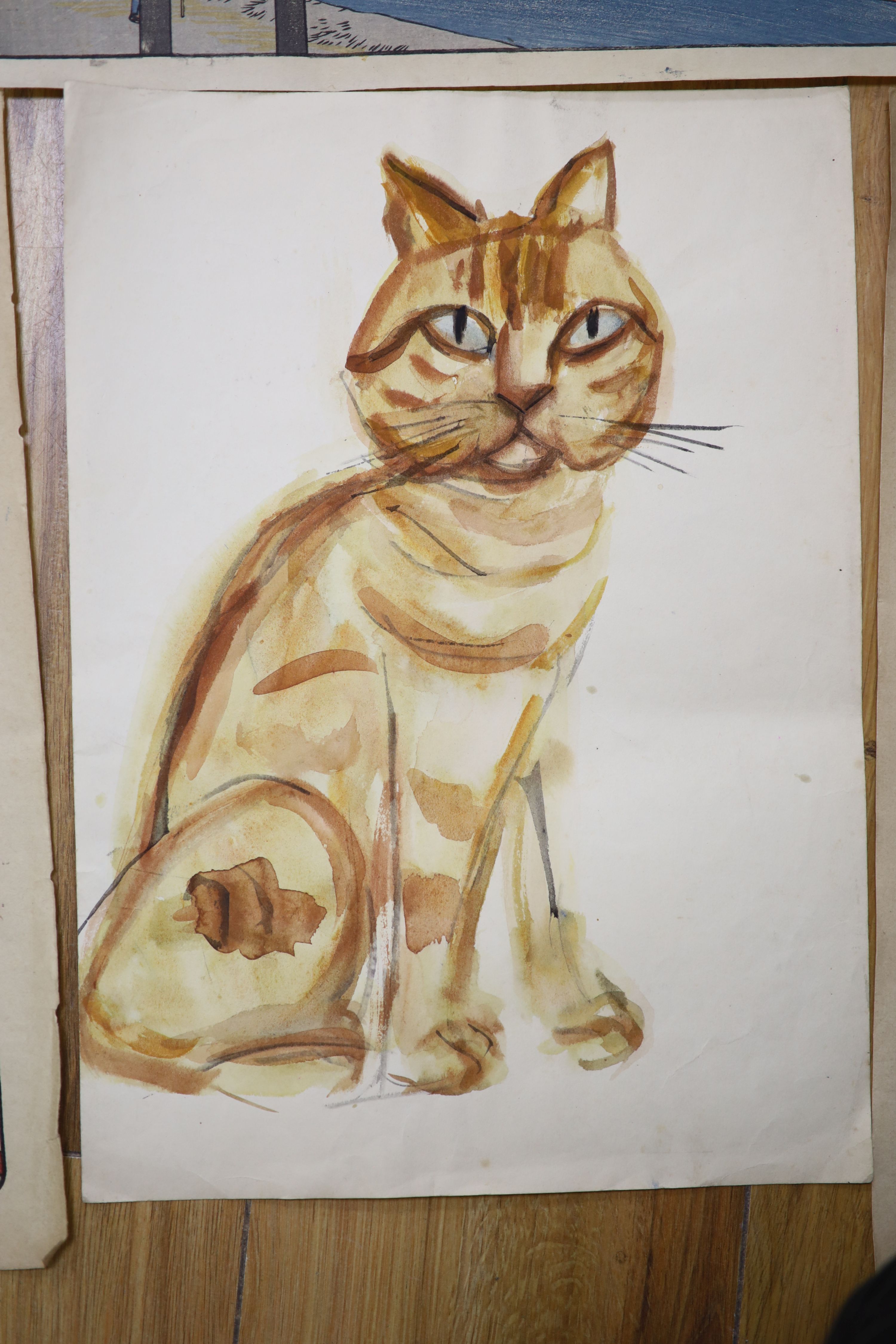 Japanese School, three woodblock prints, Warriors before Mount Fuji and other scenes, together with a watercolour of a cat, largest 38 x 25cm, unframed